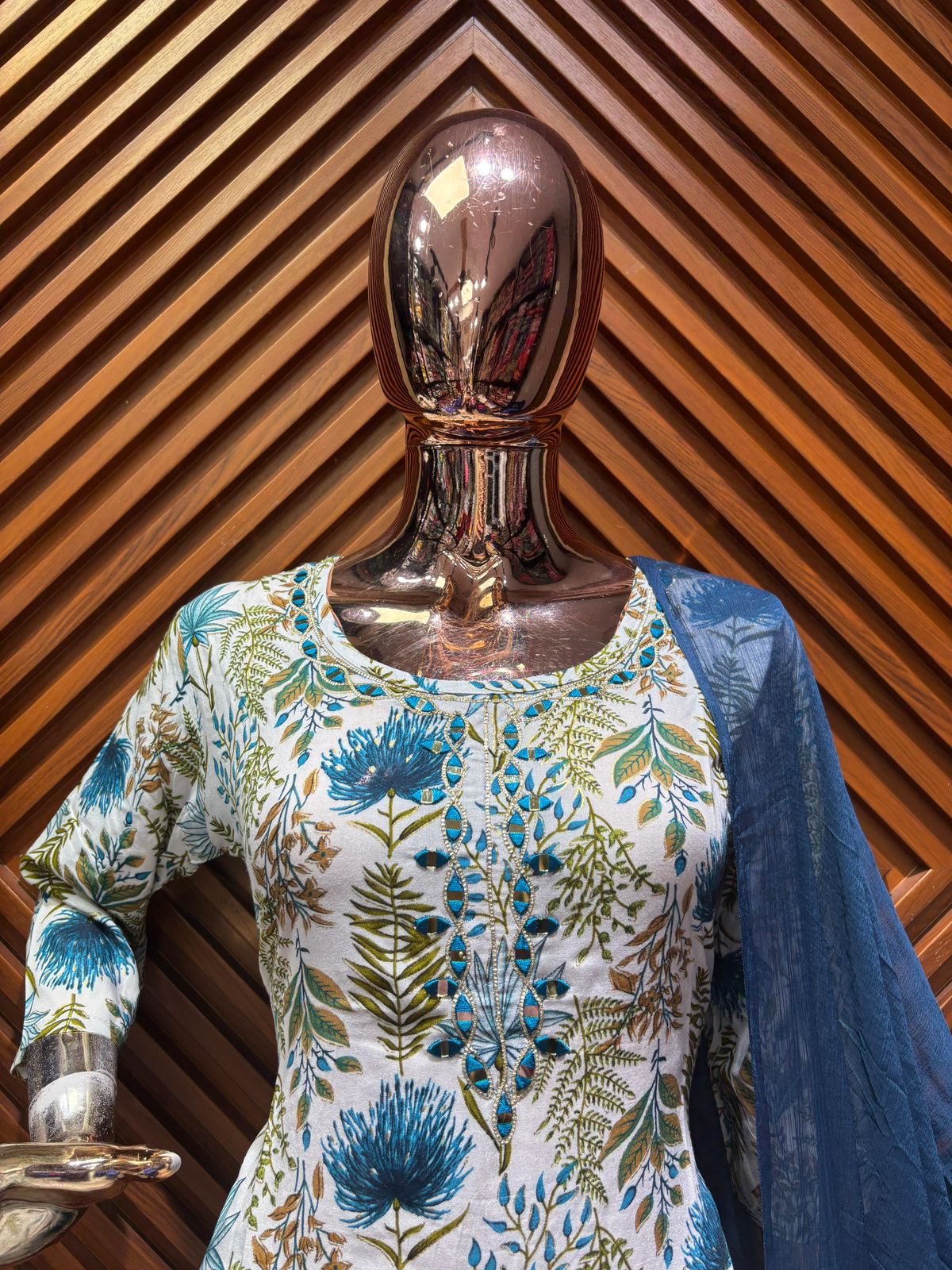 Floral Charm: White Kurti Set with Navy Blue Dupatta