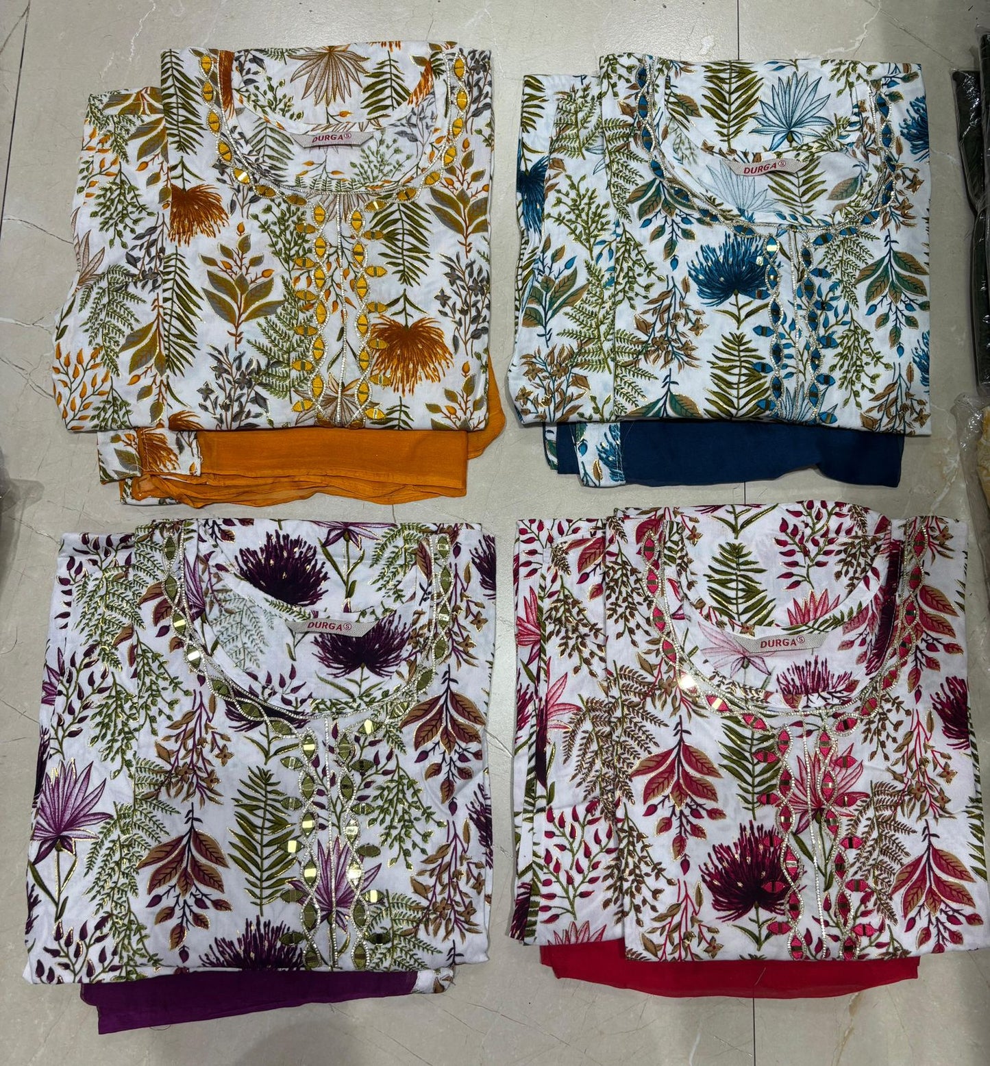 Floral Charm: White Kurti Set with Navy Blue Dupatta