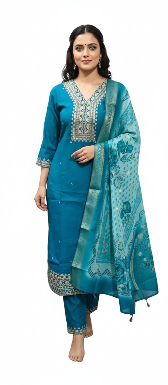 "Teal Elegance: Silver Embroidered Kurti Set with Dupatta"